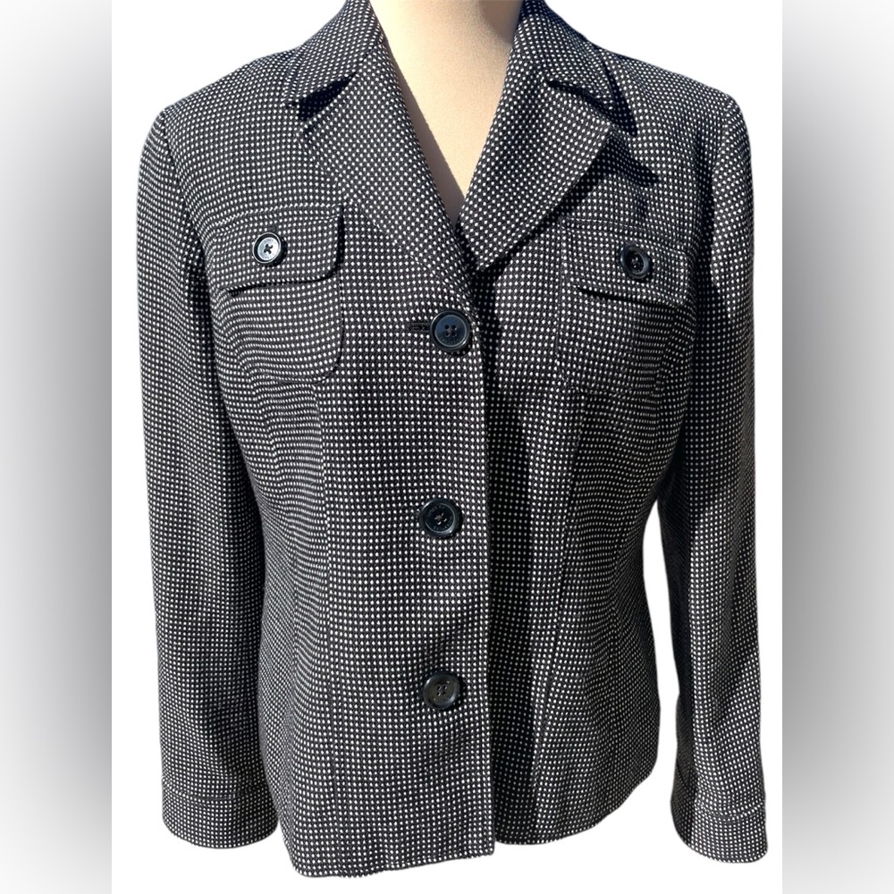 Jones New York Polka Dot Lined Black White Button Up Blazer Women’s Size 12P